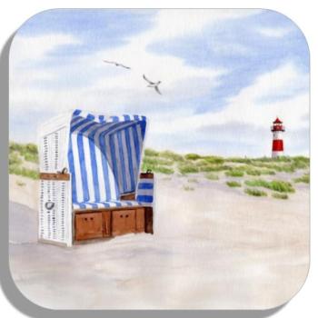 Untersetzer Glasuntersetzer 9,5 x 9,5 cm Aquarell Kunst Maritim Druck Kunstdruck Strandkorb Sylt Nordsee Meer Leuchtturm Strand Dünen